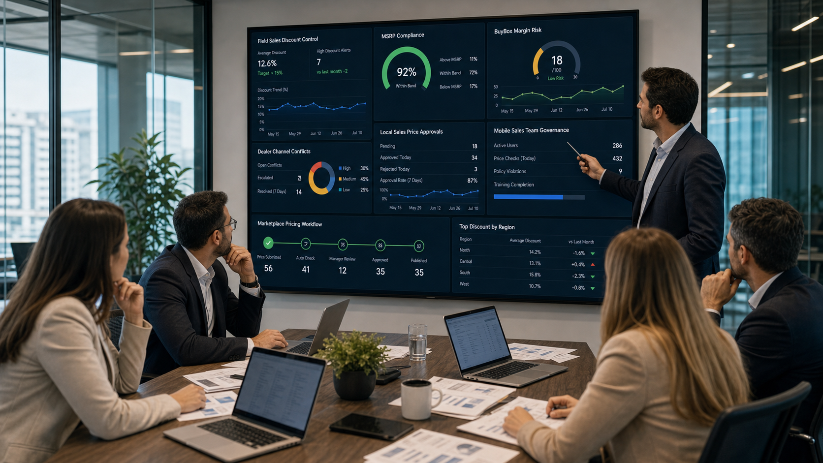 B2B pazaryerlerinde saha satış indirimi BuyBox ve MSRP kontrolü analiz toplantısı