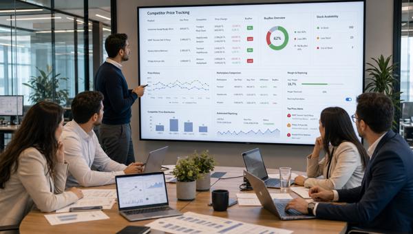 Rakip fiyat takip programı ve pazaryeri BuyBox analiz ekranlarını inceleyen e-ticaret ekibi