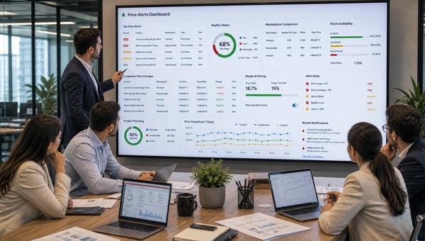 Fiyat alarmı ve pazaryeri rakip fiyat takip ekranlarını inceleyen e-ticaret ekibi