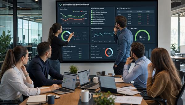 BuyBox geri kazanımı için fiyat ve performans verilerini inceleyen e-ticaret ekibi