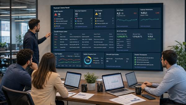 BuyBox alarmı ve pazaryeri uyarı ekranlarını inceleyen e-ticaret operasyon ekibi