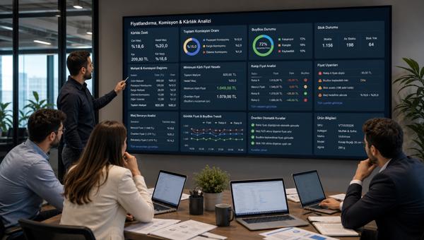 Pazaryeri komisyonu ve minimum karlı fiyat analiz ekranlarını inceleyen e-ticaret finans ekibi