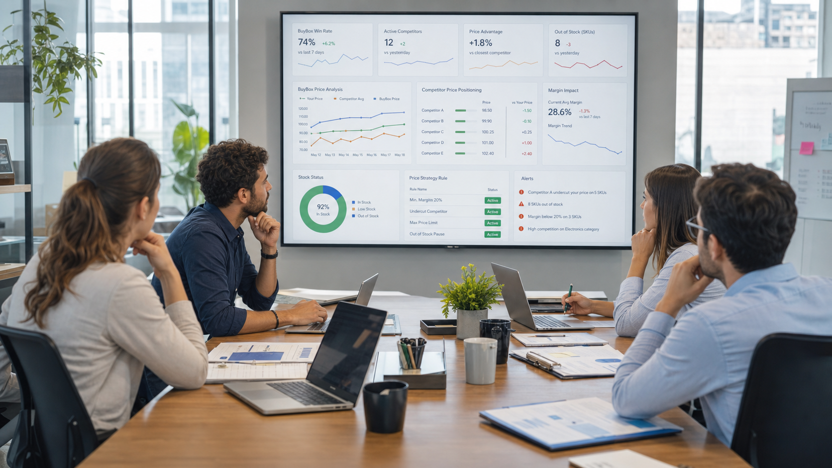BuyBox fiyat stratejisi dashboardlarını inceleyen e-ticaret ekibi