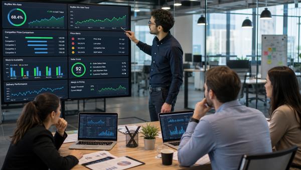 BuyBox kazanma oranı dashboardlarını inceleyen e-ticaret ekibi