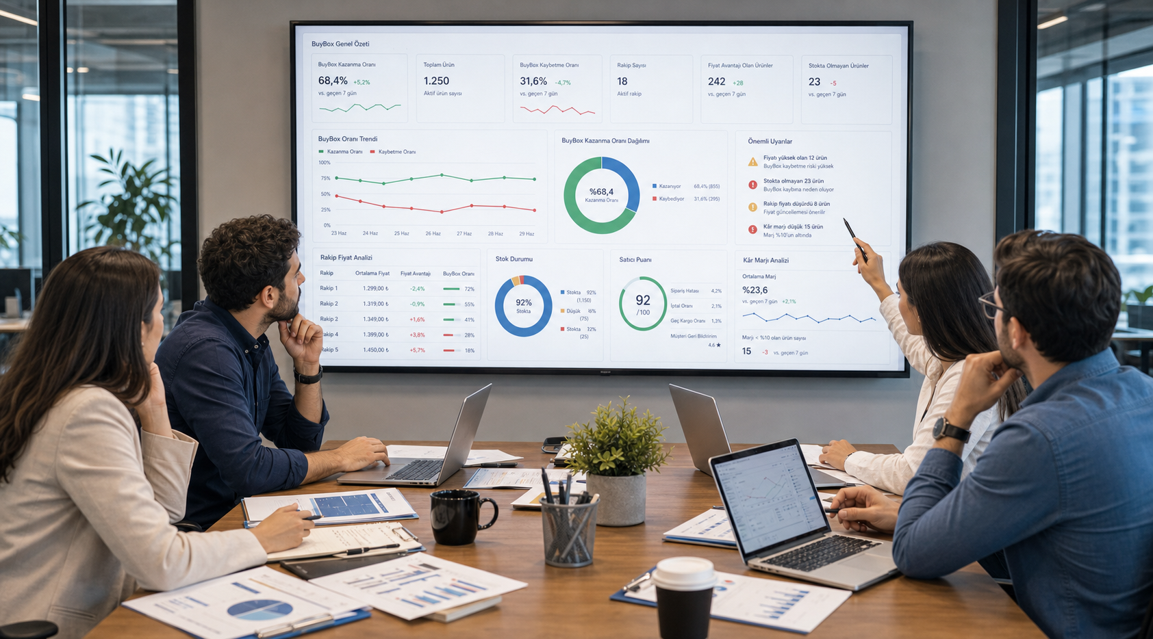BuyBox raporu dashboardlarını inceleyen e-ticaret ekibi