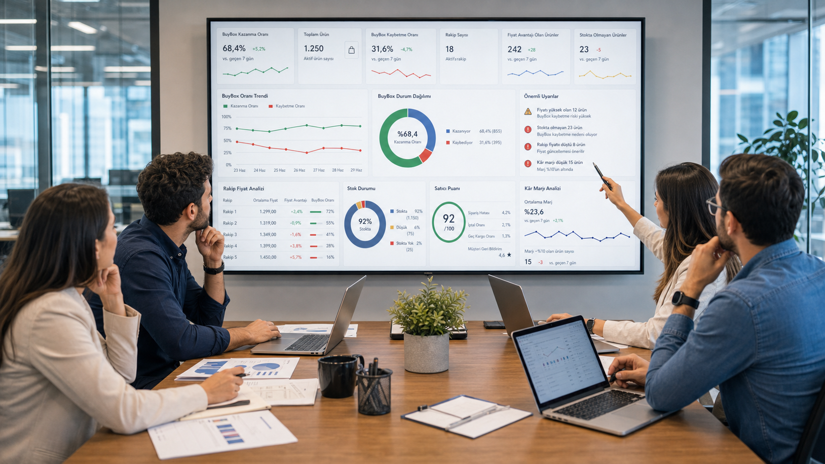 BuyBox takibi dashboardlarını inceleyen e-ticaret ekibi