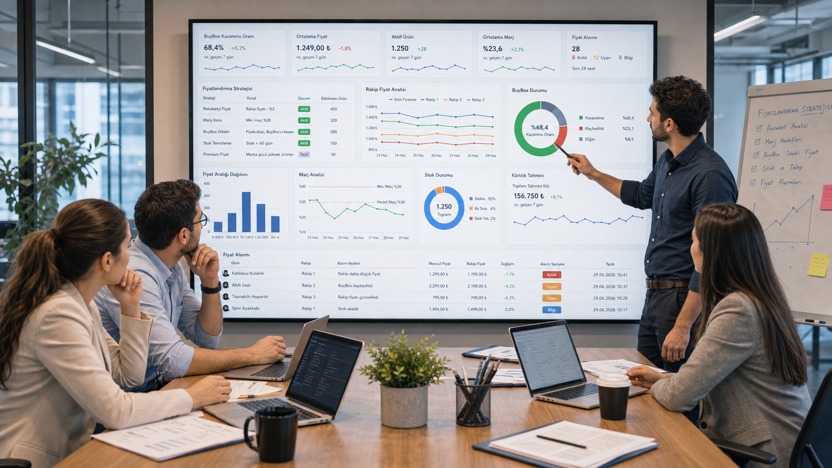 Pazaryeri fiyatlandırma stratejisi dashboardlarını inceleyen e-ticaret ekibi