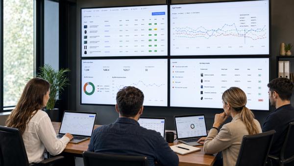 Pazaryeri fiyat takip programı dashboardlarını inceleyen e-ticaret ekibi