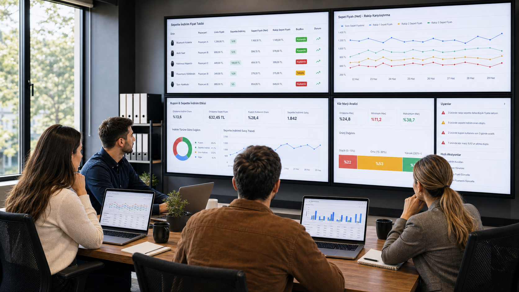 Sepette indirim fiyat takibi dashboardlarını inceleyen e-ticaret fiyatlandırma ekibi
