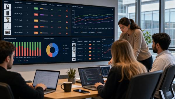Rakip kampanya takibi dashboardlarını inceleyen e-ticaret fiyatlandırma ekibi