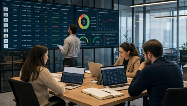 Pazaryeri komisyon takibi dashboardlarını inceleyen e-ticaret finans ve fiyatlandırma ekibi
