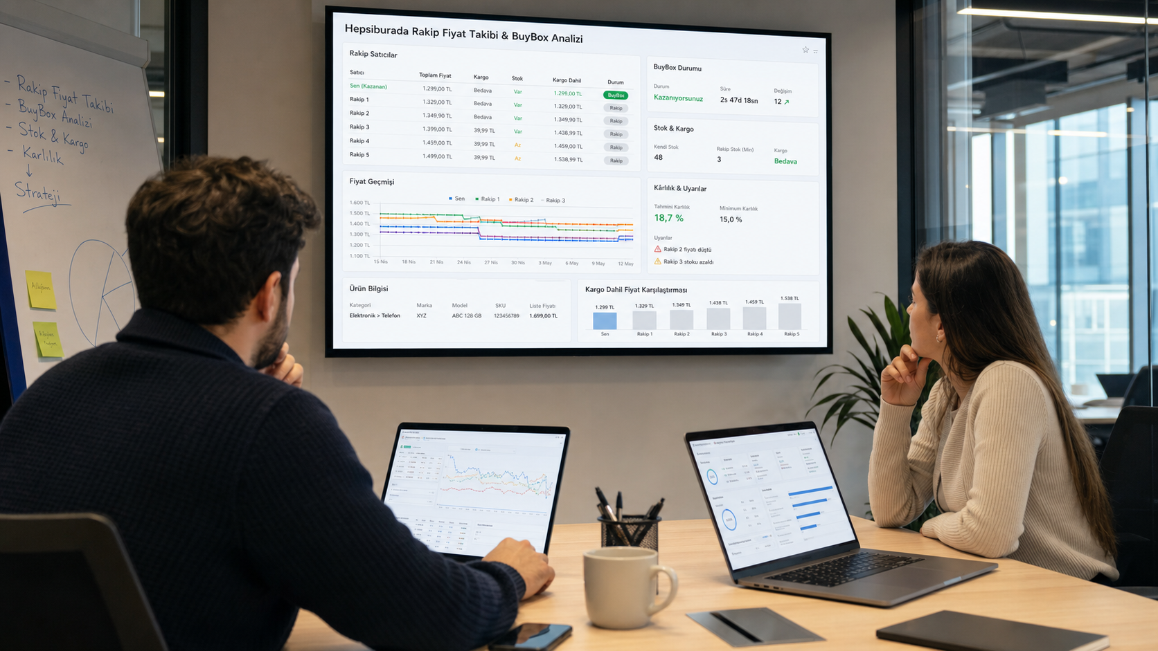 Hepsiburada rakip fiyat takibi dashboardunu inceleyen e-ticaret fiyatlandırma ekibi