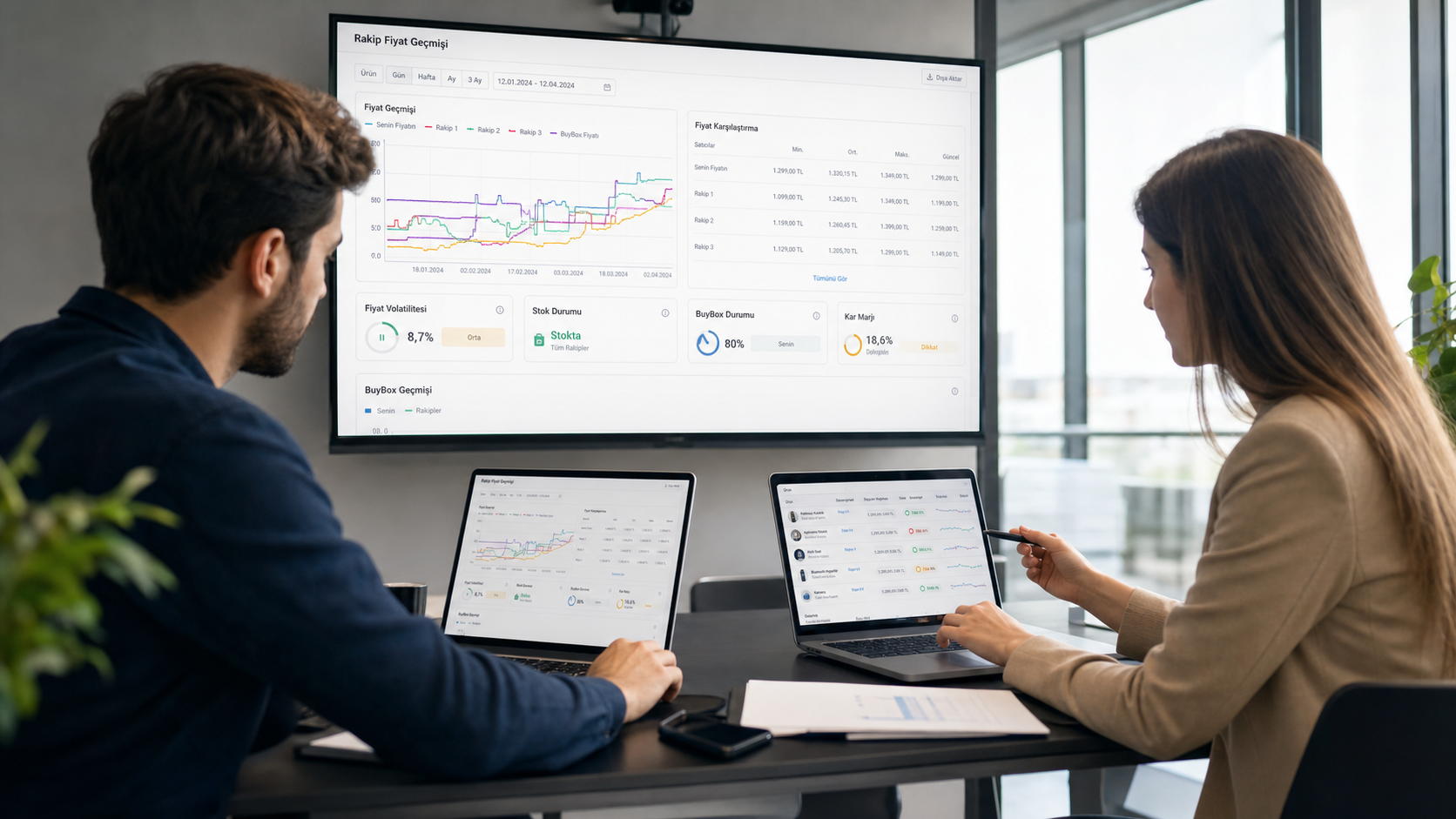 Rakip fiyat geçmişi dashboardunu inceleyen e-ticaret fiyatlandırma ekibi