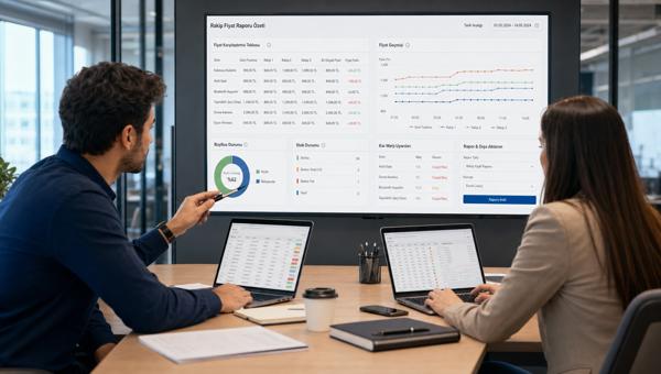 Rakip fiyat raporu dashboardunu inceleyen e-ticaret fiyatlandırma ekibi