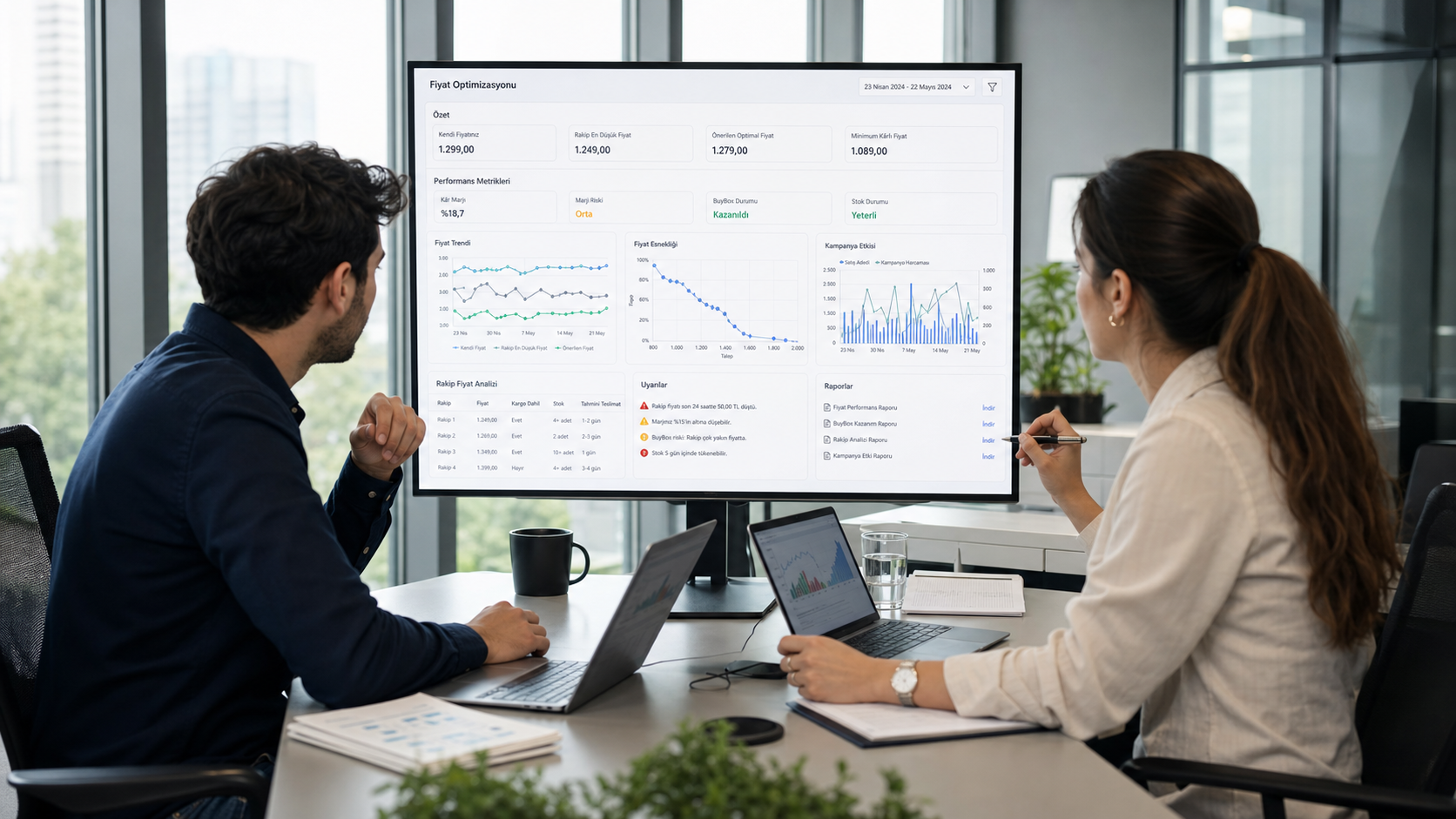 Fiyat optimizasyonu dashboardunu inceleyen e-ticaret fiyatlandırma ekibi