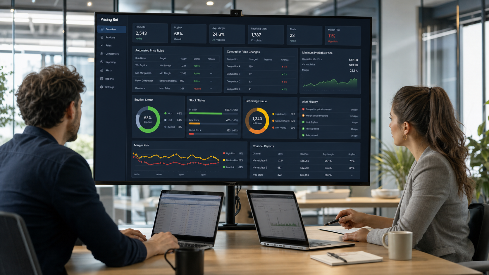 Fiyat botu dashboardunu inceleyen e-ticaret fiyatlandırma ekibi