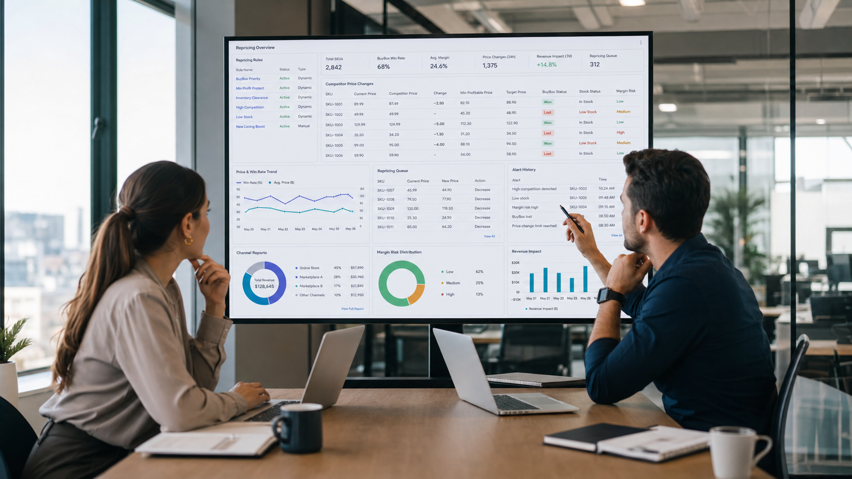 Repricing dashboardunu inceleyen pazaryeri fiyatlandırma ekibi