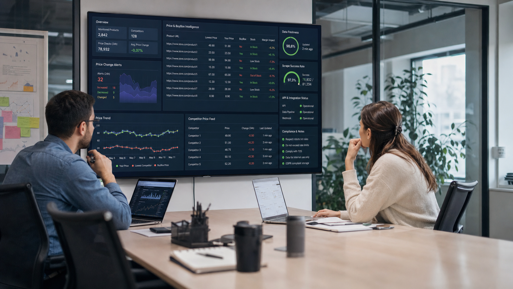 Fiyat kazıma ve rakip fiyat verisi dashboardunu inceleyen e-ticaret analistleri