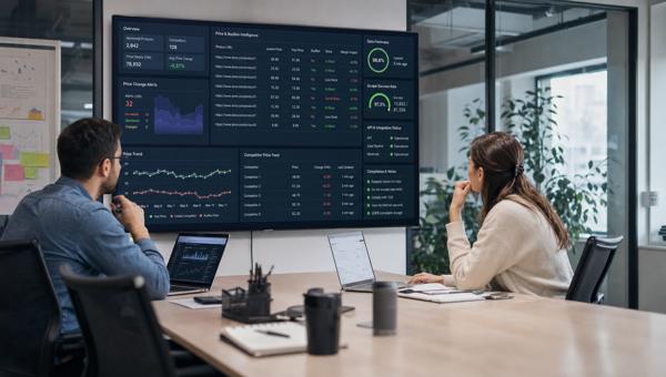 Fiyat kazıma ve rakip fiyat verisi dashboardunu inceleyen e-ticaret analistleri