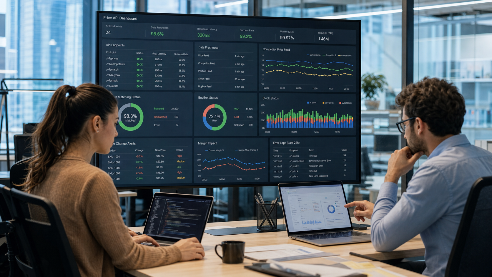 Fiyat API dashboardunu inceleyen e-ticaret yazılım ve fiyatlandırma ekibi