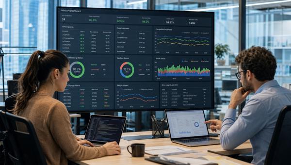 Fiyat API dashboardunu inceleyen e-ticaret yazılım ve fiyatlandırma ekibi