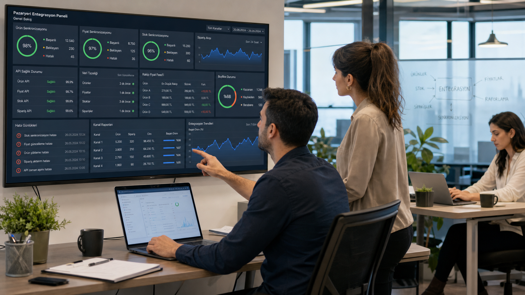 Pazaryeri entegrasyonu dashboardunu inceleyen e-ticaret operasyon ekibi