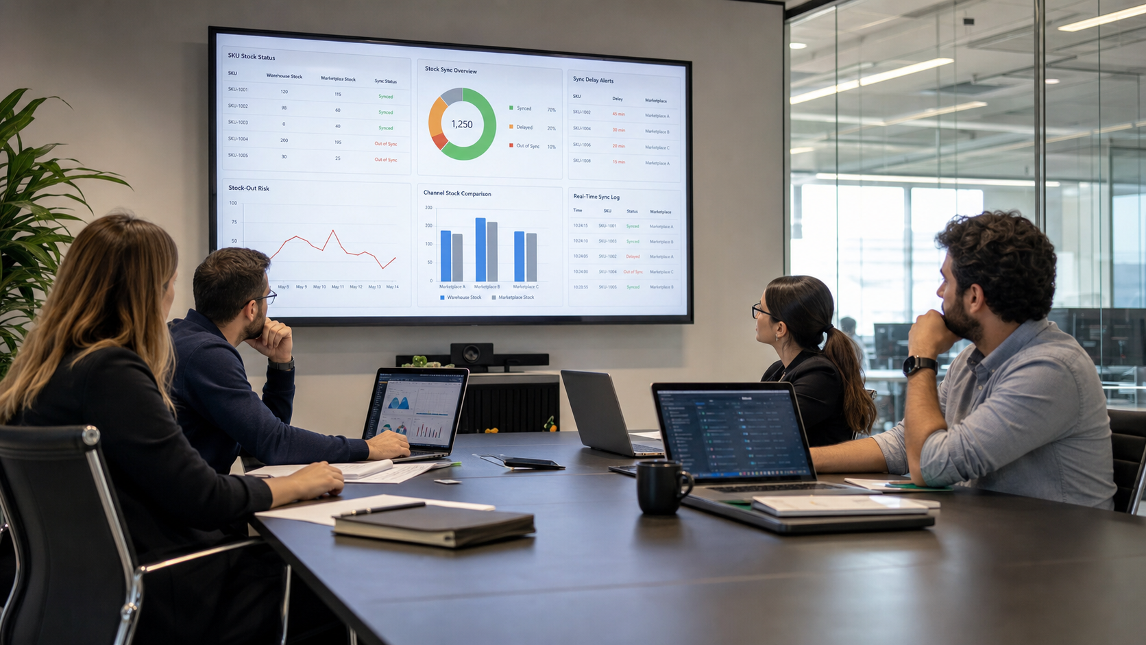 Stok senkronizasyonu dashboardunu inceleyen e-ticaret operasyon ekibi