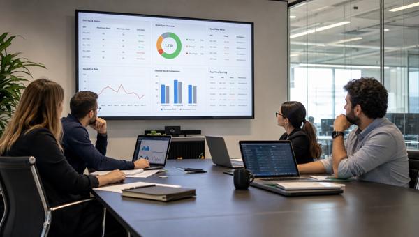 Stok senkronizasyonu dashboardunu inceleyen e-ticaret operasyon ekibi