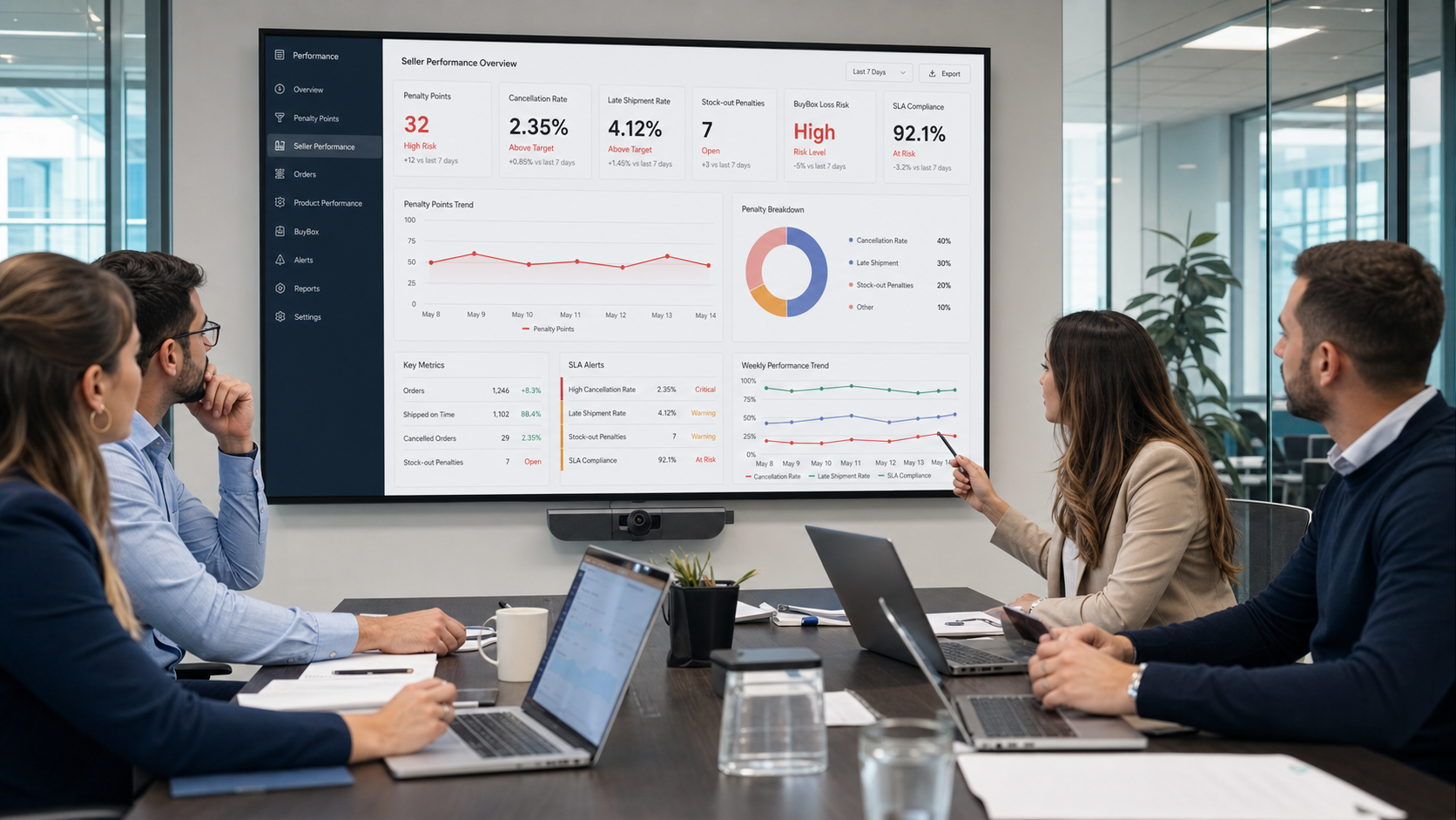 Pazaryeri ceza puanı ve satıcı performans dashboardunu inceleyen e-ticaret ekibi