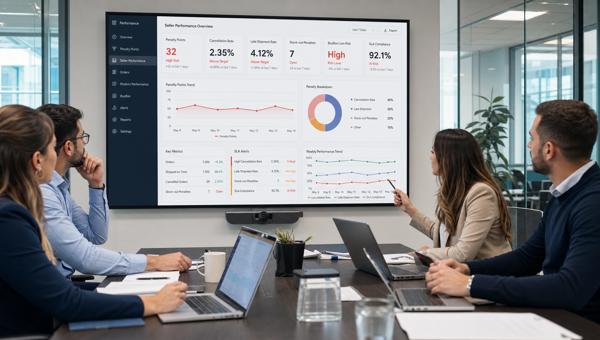 Pazaryeri ceza puanı ve satıcı performans dashboardunu inceleyen e-ticaret ekibi