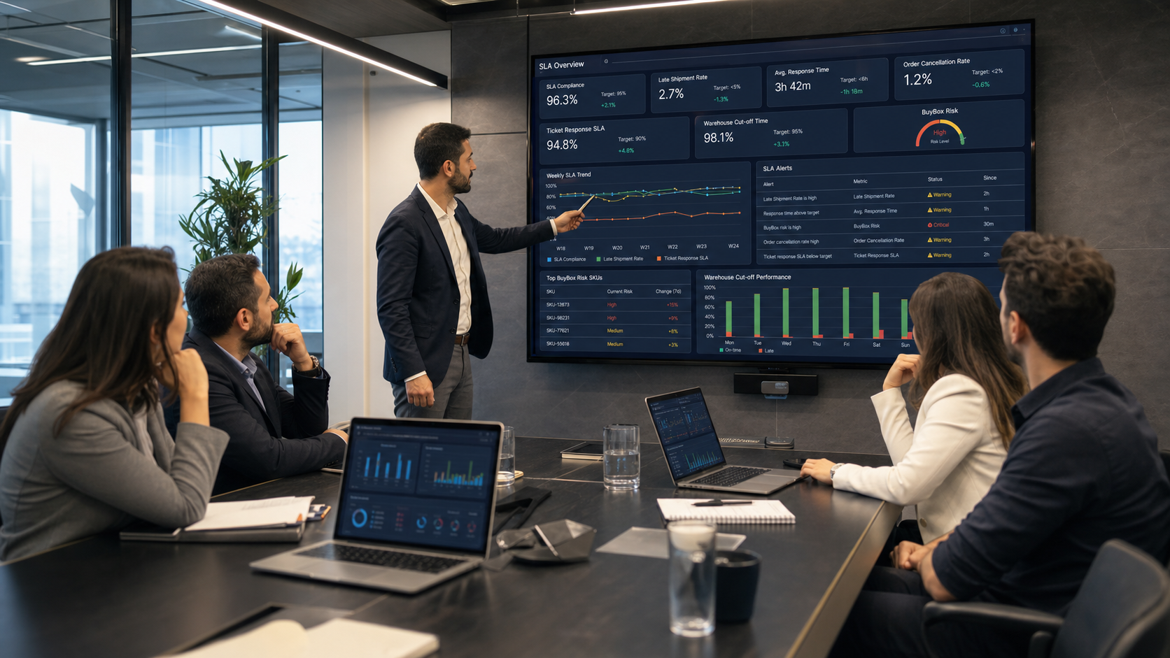 Pazaryeri SLA ve BuyBox risk dashboardunu inceleyen e-ticaret operasyon ekibi