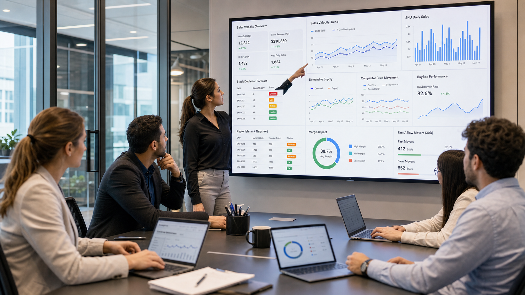 Satış hızı ve BuyBox performans dashboardunu inceleyen e-ticaret analiz ekibi