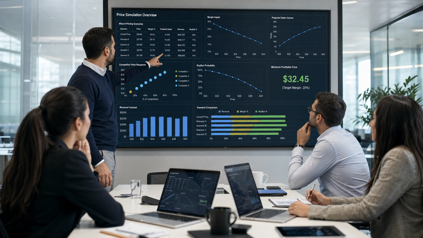 Fiyat simülasyonu ve BuyBox olasılığı dashboardunu inceleyen e-ticaret fiyatlandırma ekibi