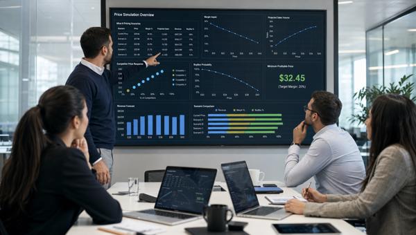 Fiyat simülasyonu ve BuyBox olasılığı dashboardunu inceleyen e-ticaret fiyatlandırma ekibi