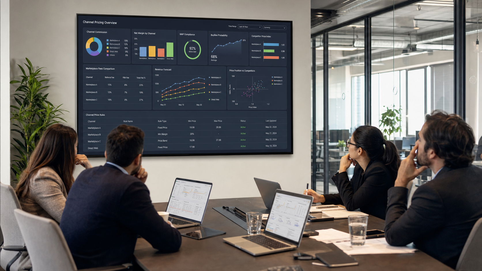 Kanal bazlı fiyatlandırma dashboardunu inceleyen e-ticaret fiyatlandırma ekibi
