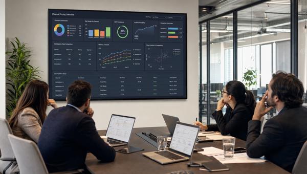 Kanal bazlı fiyatlandırma dashboardunu inceleyen e-ticaret fiyatlandırma ekibi