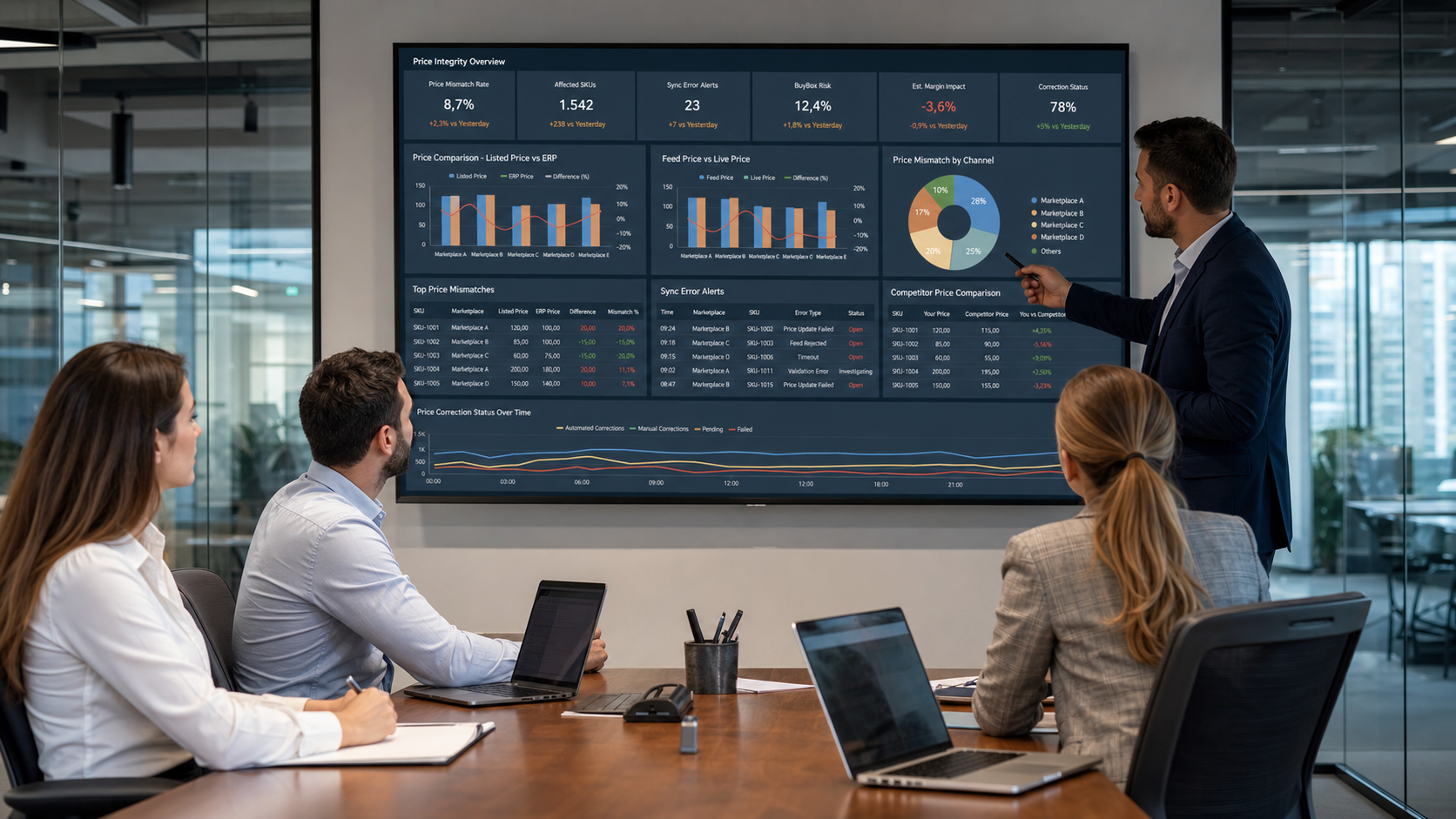 Fiyat uyumsuzluğu ve kanal fiyat farkı dashboardunu inceleyen e-ticaret operasyon ekibi