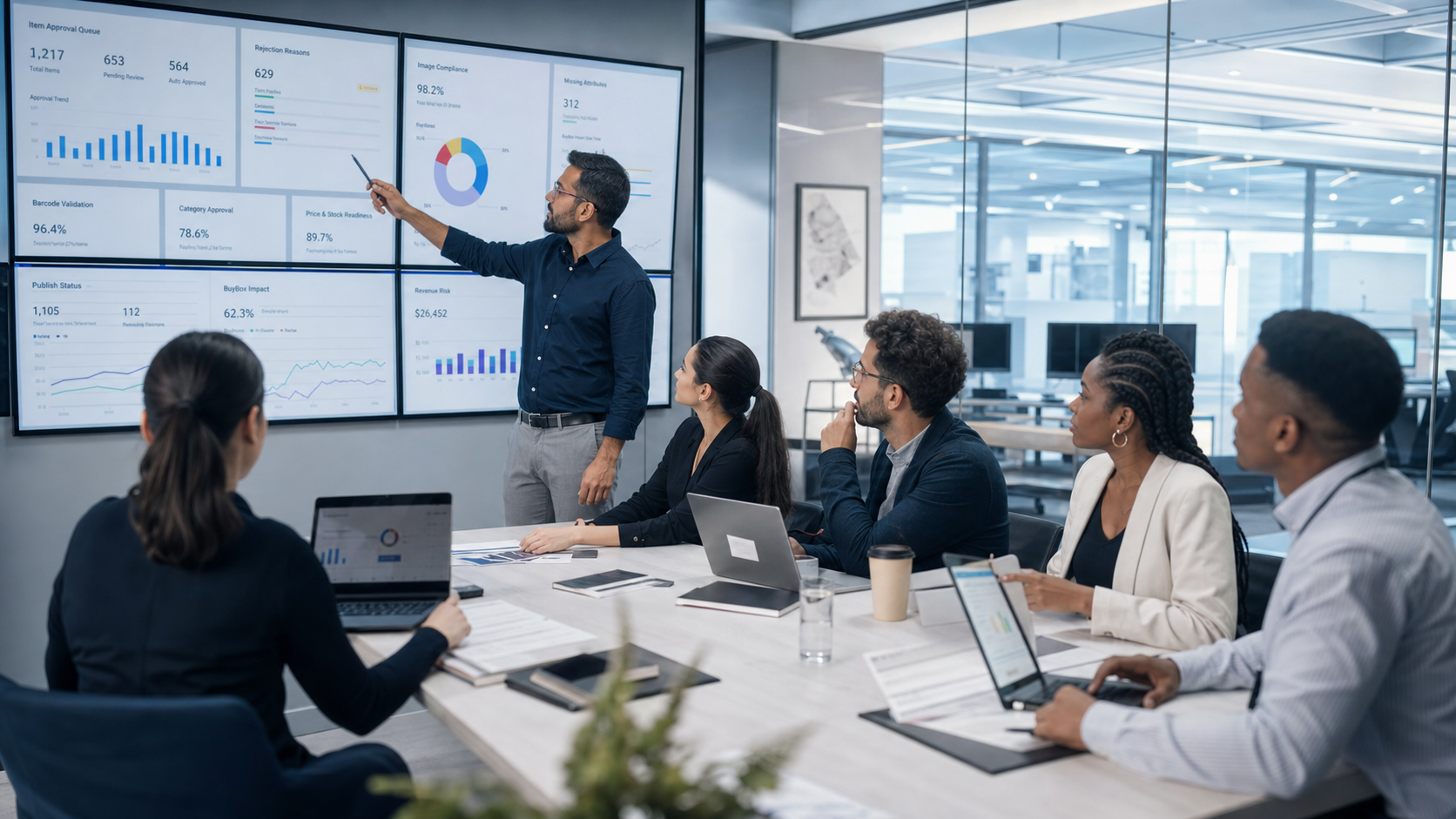 Pazaryeri ürün onay süreci dashboardunu inceleyen e-ticaret operasyon ekibi