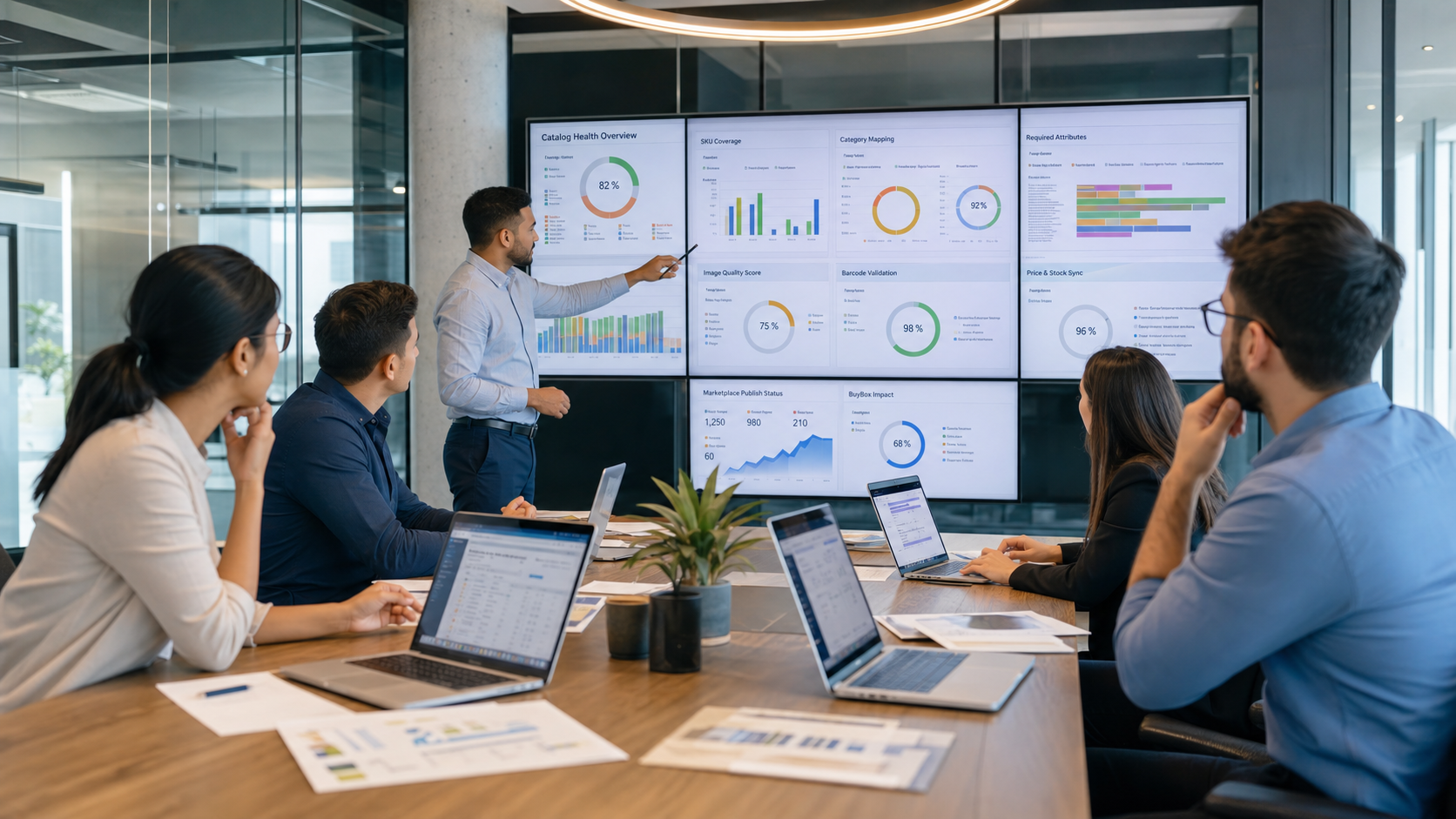 Pazaryeri katalog yönetimi dashboardunu inceleyen e-ticaret operasyon ekibi