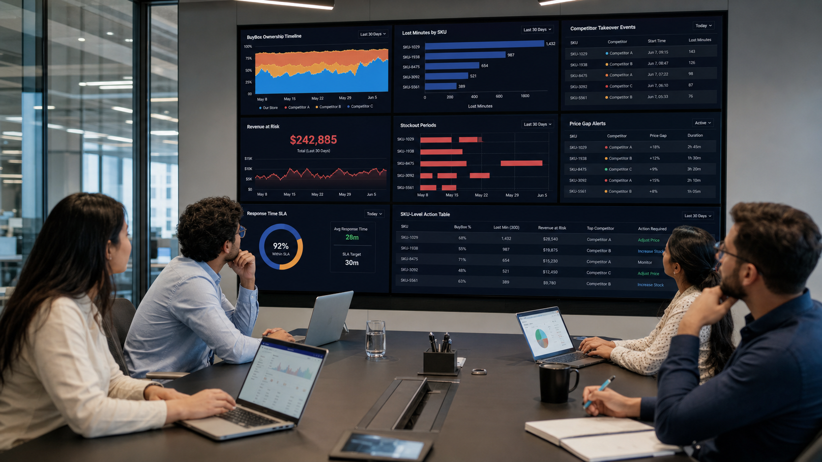 BuyBox kayıp süresi dashboardunu inceleyen e-ticaret operasyon ekibi