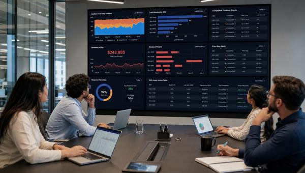 BuyBox kayıp süresi dashboardunu inceleyen e-ticaret operasyon ekibi