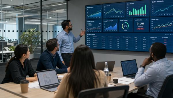 Talep tahmini dashboardunu inceleyen e-ticaret operasyon ekibi
