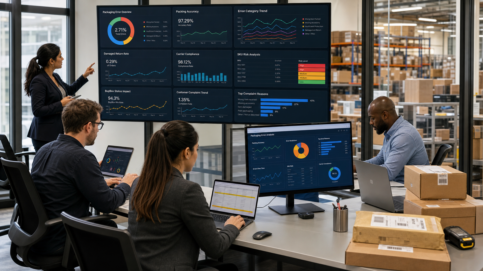 Paketleme hatası dashboardunu inceleyen e-ticaret operasyon ekibi