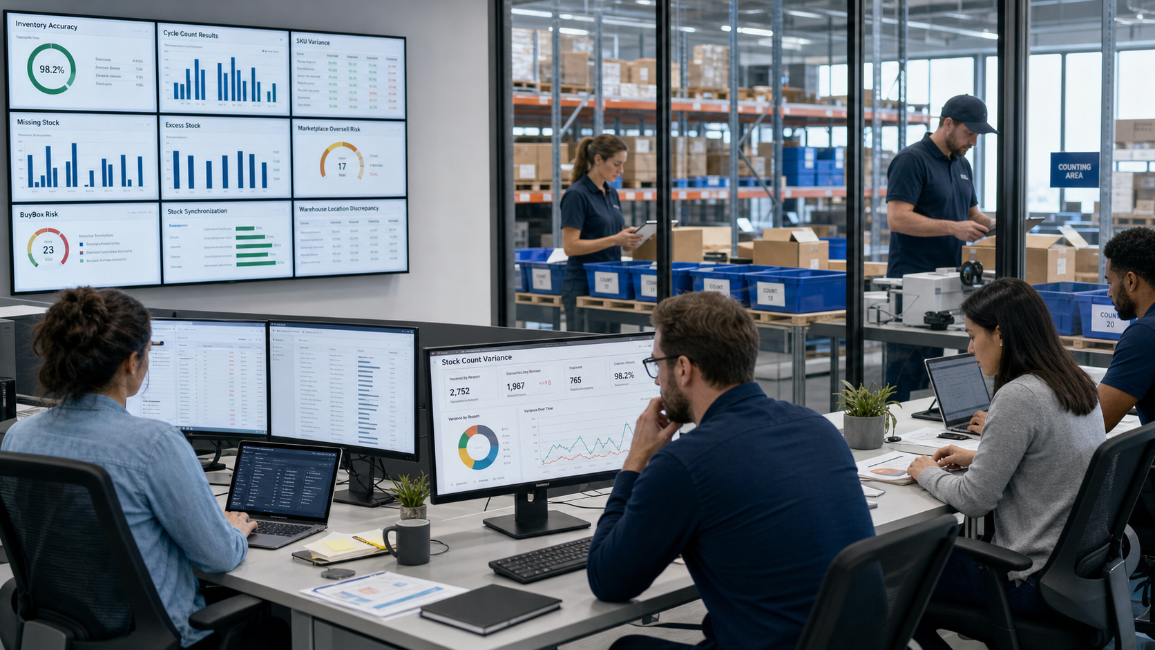 Stok sayım farkı dashboardunu inceleyen e-ticaret envanter ekibi