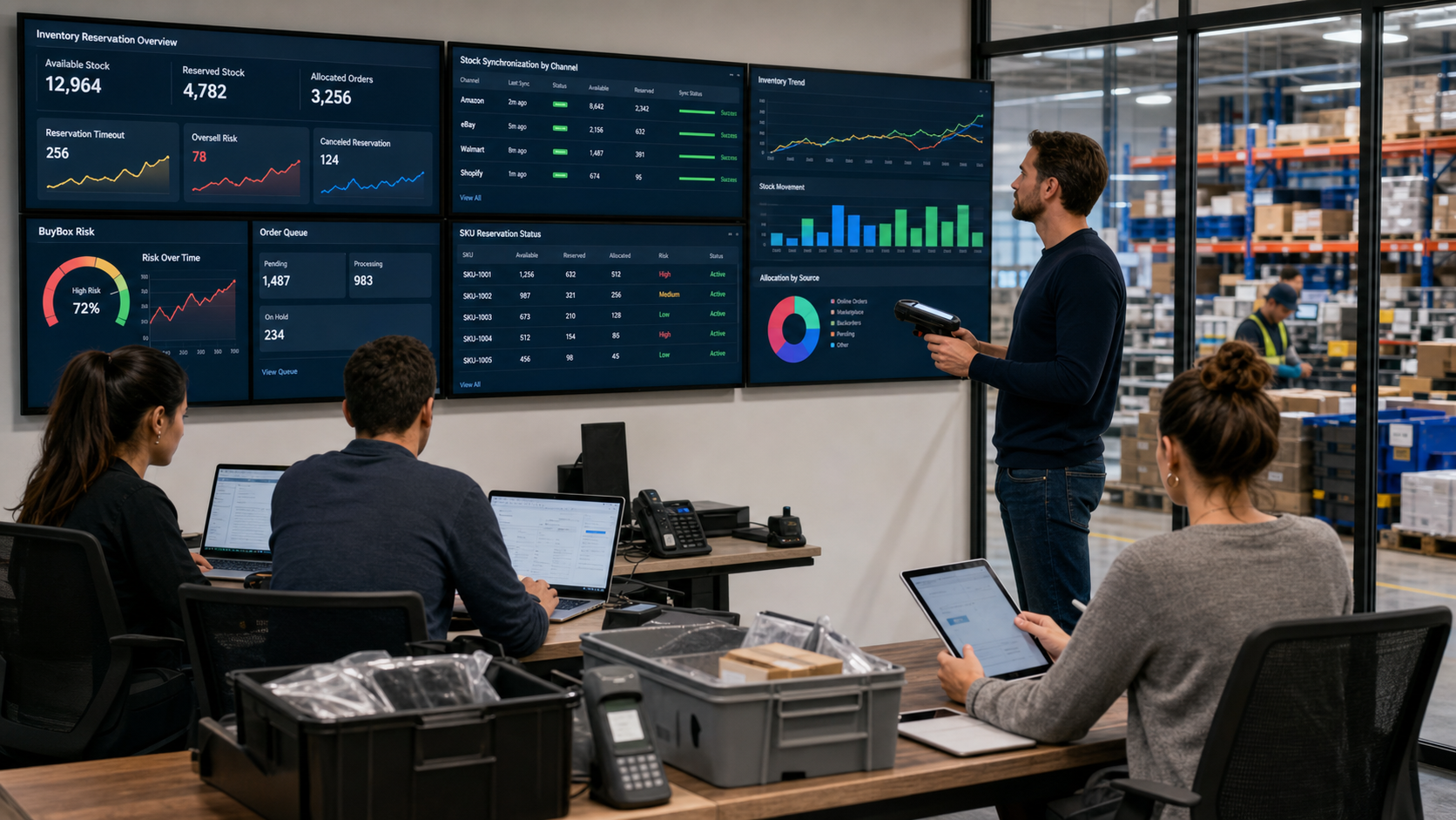 Stok rezervasyonu dashboardunu inceleyen e-ticaret operasyon ekibi