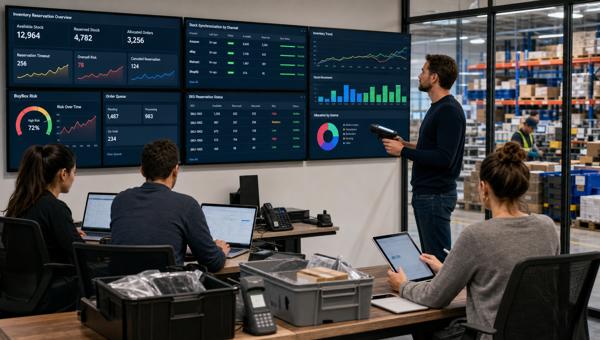 Stok rezervasyonu dashboardunu inceleyen e-ticaret operasyon ekibi