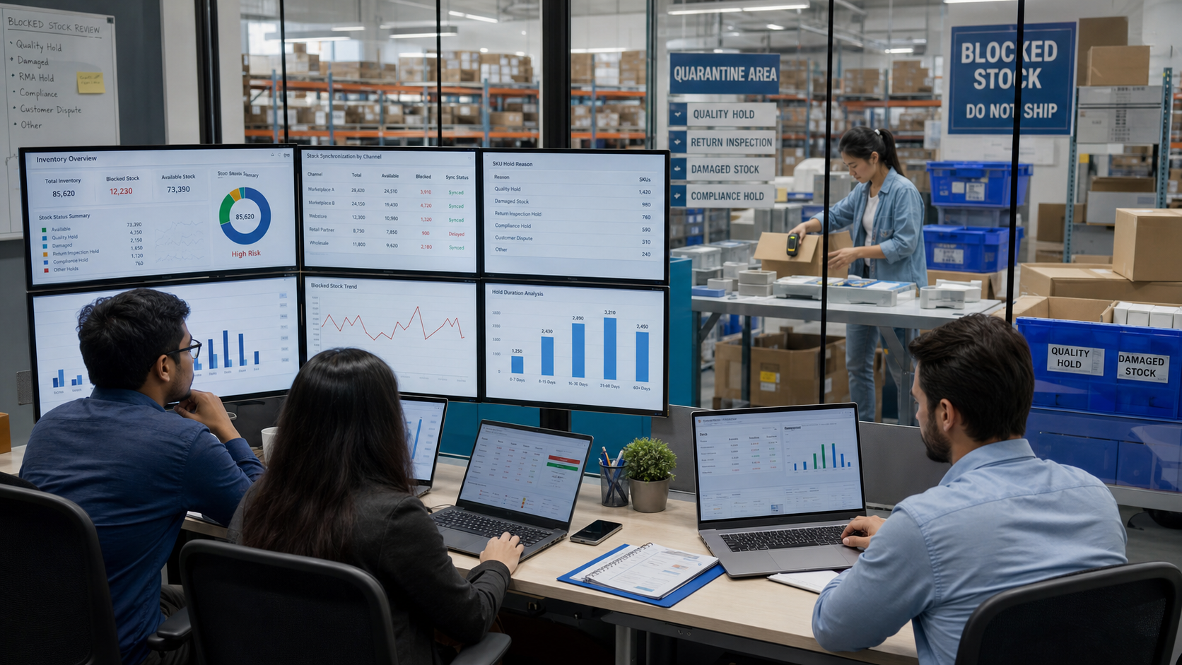 Stok blokajı dashboardunu inceleyen e-ticaret operasyon ekibi