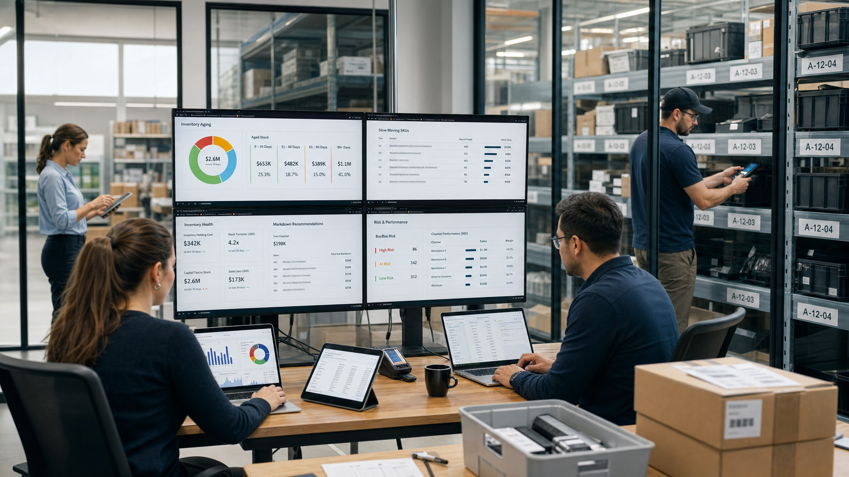 Stok yaşlandırma dashboardunu inceleyen e-ticaret envanter ekibi