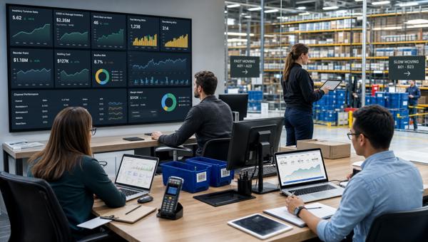 Stok devir hızı dashboardunu inceleyen e-ticaret envanter ekibi