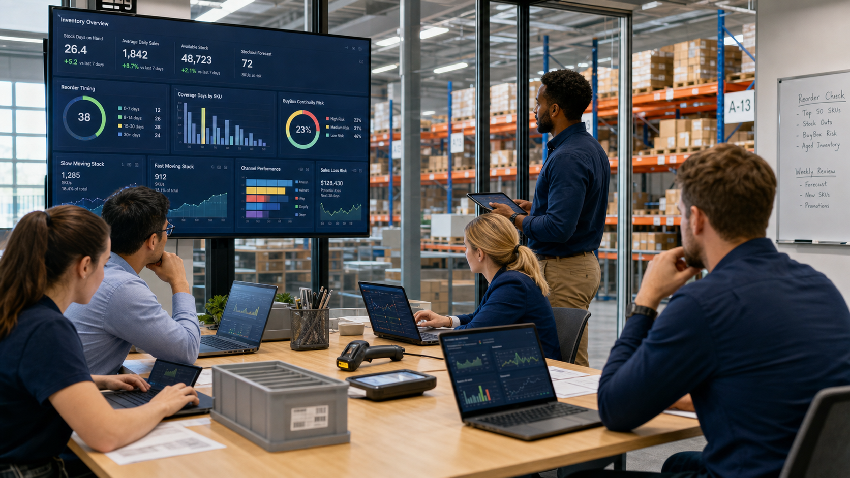 Stok gün sayısı dashboardunu inceleyen e-ticaret envanter ekibi